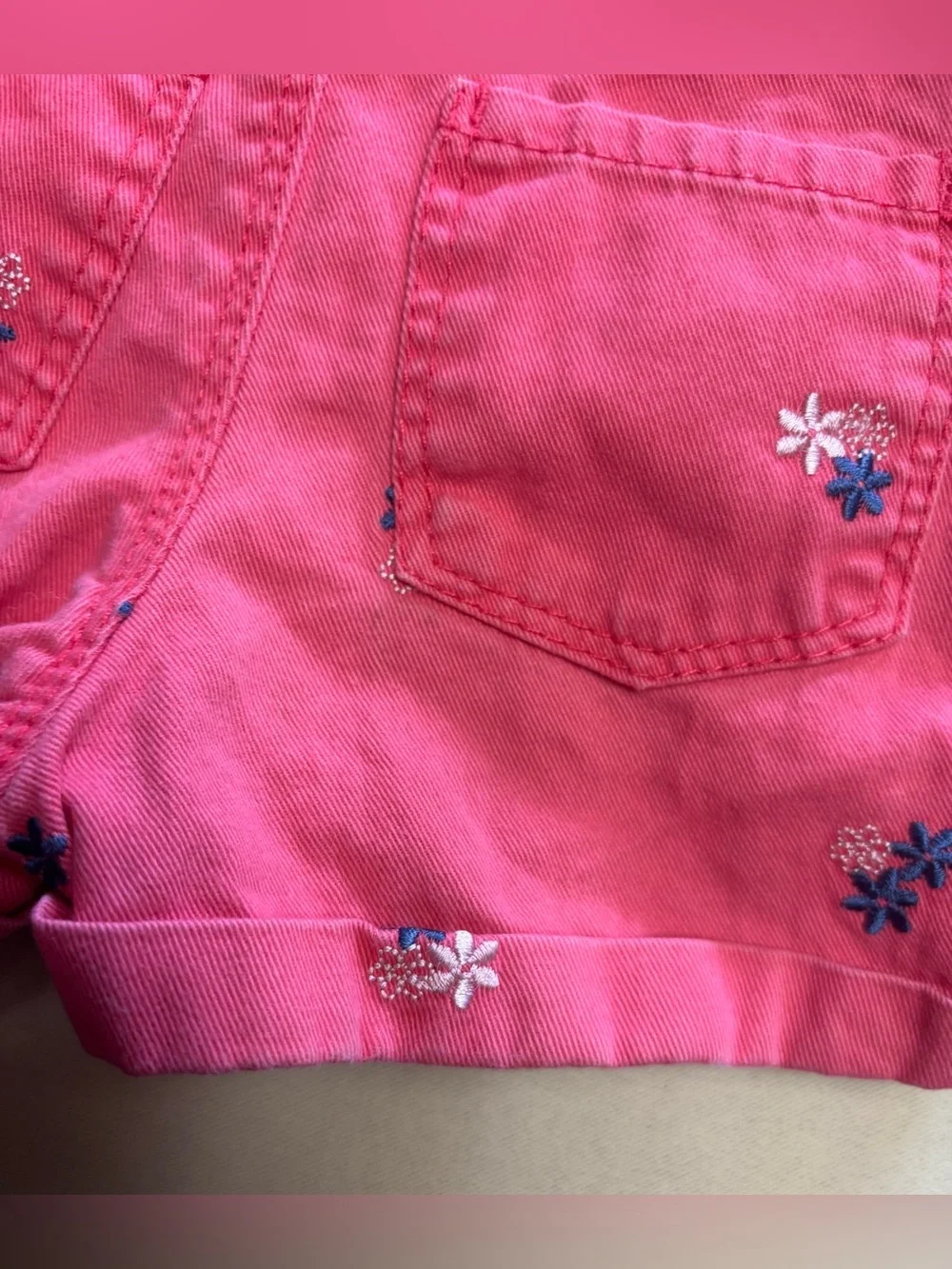 OshKosh Bgosh Baby Girl Overall Shorts 9 Months Dark Pink Flowers Embroidered